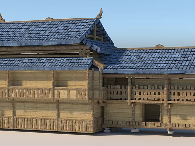 Traditional Double Story Wooden House With Blue Tile Roof And Wooden Railings 3d model