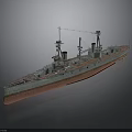 Vintage Battleship 3D Model With Turrets Masts And Crane On Water Surface