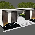 Modern Entrance Gate With Wooden Vertical Slats Stone Walls Steps And Lush Greenery