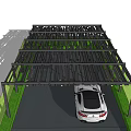 Black Metal Carport Structure Covering White Car On Grass And Paved Ground