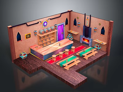 Indoor Scenery With Wooden Floors Arched Windows Purple Curtains Bar Counter And Green Tables 3d model
