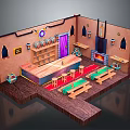 Indoor Scenery With Wooden Floors Arched Windows Purple Curtains Bar Counter And Green Tables