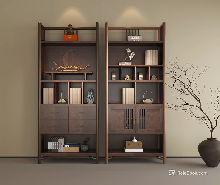 Traditional Chinese Wooden Display Shelves Featuring Books Vases and Decorative Ornaments 3d model 