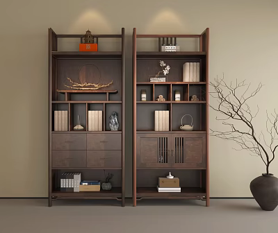 Traditional Chinese Wooden Display Shelves Featuring Books Vases and Decorative Ornaments 3d model