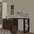 Modern Dressing Table with Round Mirror Leather Stool Open Shelves Decorative Items 3d model