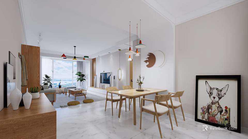 Modern Living And Dining Room Interior Design With Wooden Dining Table Chairs And Pendant Lights 3d model 