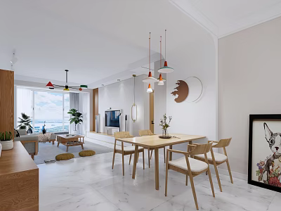 Modern Living And Dining Room Interior Design With Wooden Dining Table Chairs And Pendant Lights 3d model