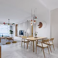 Modern Living And Dining Room Interior Design With Wooden Dining Table Chairs And Pendant Lights