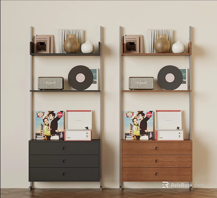 Modern Storage Shelves With Black And Wooden Drawers Holding Decorative Items Records And Boxes 3d model 