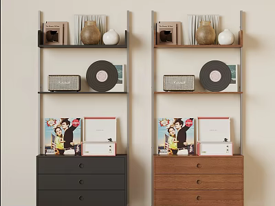Modern Storage Shelves With Black And Wooden Drawers Holding Decorative Items Records And Boxes 3d model