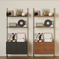 Modern Storage Shelves With Black And Wooden Drawers Holding Decorative Items Records And Boxes