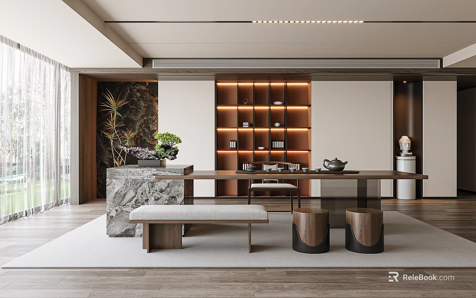 Modern Open Tea Room With Marble Countertop Wooden Bookshelf Tea Sets And Natural Light 3d model 