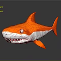 Orange Shark 3D Model With White Underbelly Sharp Teeth Round Eyes And Gray Background Reflection 3d model
