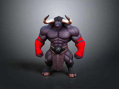 Muscular Fantasy Minotaur Character 3D Model With Horns Red Wristbands And Black Body 3d model