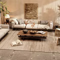 Cozy Living Room With Sofa Coffee Table Set Wooden Furniture Plants And Rug