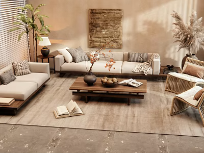 Cozy Living Room With Sofa Coffee Table Set Wooden Furniture Plants And Rug 3d model