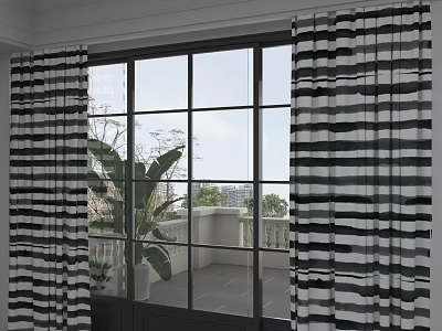 Floor to Ceiling Window Interior View With Black And White Striped Curtains And Balcony Plants 3d model