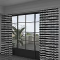 Floor to Ceiling Window Interior View With Black And White Striped Curtains And Balcony Plants