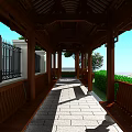 Traditional Chinese Pavilion With Grey Tile Roof Wooden Structure Green Bushes And Pink Flowering Tree