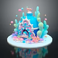 Colorful Cartoon Underwater Scene With Blue Dome House Coral Bubbles and Little Fish