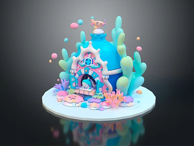 Colorful Cartoon Underwater Scene With Blue Dome House Coral Bubbles and Little Fish 3d model