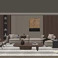 Modern Living Room Interior Design With Light Beige Sofa Wooden Coffee Table And Decorative Artwork