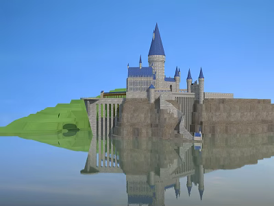 Historic Castle Architecture With Blue Spires By Water And Green Hills Reflection 3d model