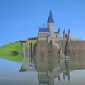 Historic Castle Architecture With Blue Spires By Water And Green Hills Reflection