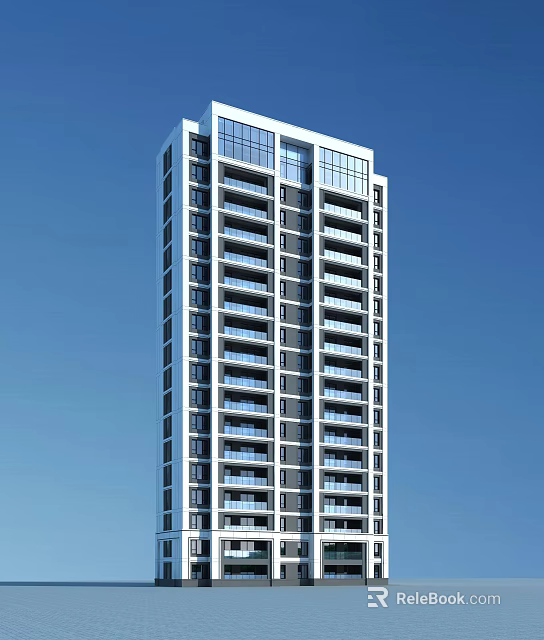 High Rise Modern Residential Building With Glass Windows Balconies And Blue Sky Background 3d model 