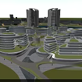 Aerial View Urban Planning With River Red Bridge Buildings Roads And Green Spaces