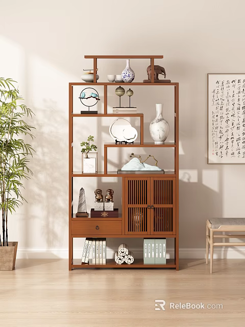 Chinese Style Wooden Curio Shelf With Porcelain Decor Books And Bamboo 3d model 