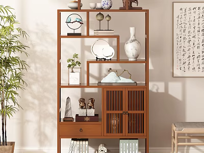 Chinese Style Wooden Curio Shelf With Porcelain Decor Books And Bamboo 3d model