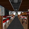 Modern Hotpot Restaurant Interior With Red Seats Wooden Decor And Dining Tables