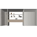 Modern Bookcase With Open Shelves Vertical Slats Sides Light Gray Beige Wood Design