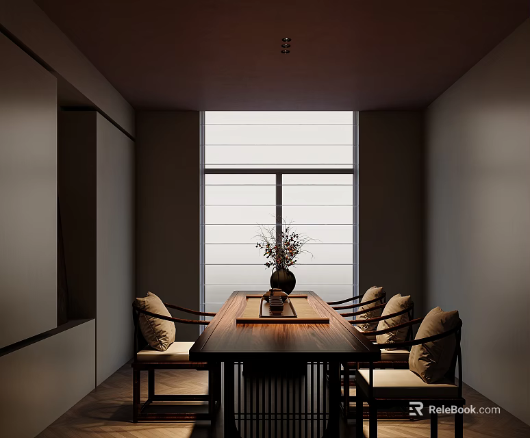 Serene Tea House Interior With Long Wooden Table Cushioned Chairs Flower Vase And Large Window 3d model 