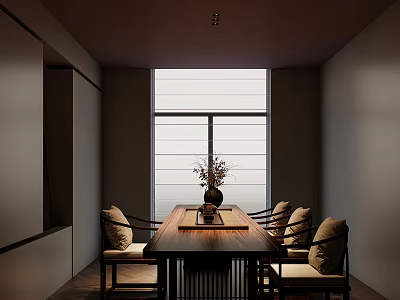 Serene Tea House Interior With Long Wooden Table Cushioned Chairs Flower Vase And Large Window 3d model