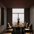 Serene Tea House Interior With Long Wooden Table Cushioned Chairs Flower Vase And Large Window