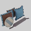 Stylish Decorative Pillows in Blue and Brown with Striped Round Shapes and Ruffled Edges
