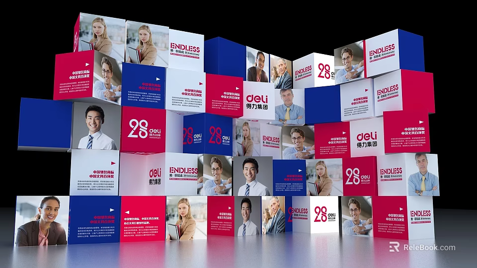 Photo Check-in Spot With Red Blue White Boards 28 Deli FUNPLUS Logos And People 3d model 