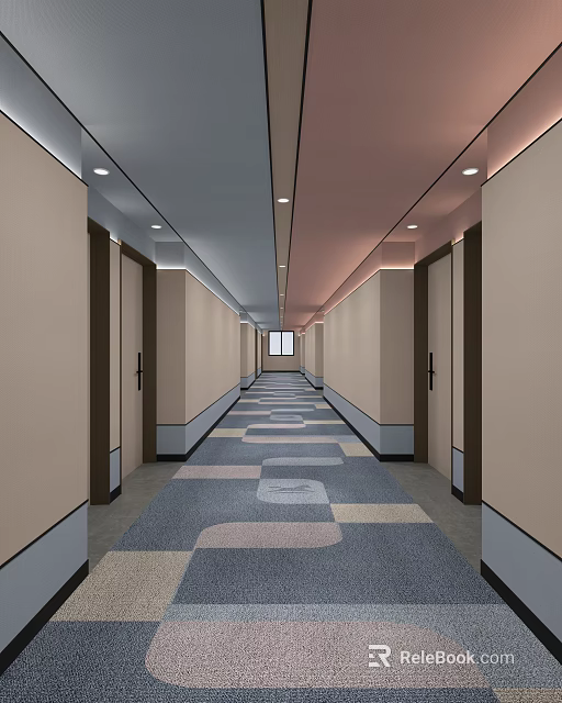 Hotel Corridor With Geometric Pattern Carpet Ceiling Lighting And Light Colored Walls 3d model 