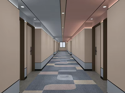 Hotel Corridor With Geometric Pattern Carpet Ceiling Lighting And Light Colored Walls 3d model