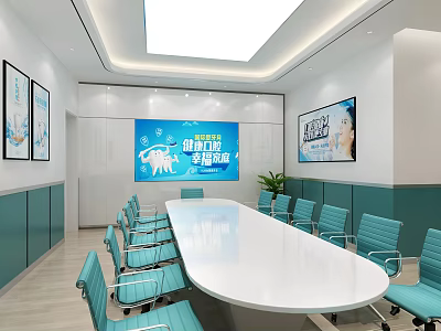 Modern Meeting Room Interior With Long Table Blue Chairs And Wall Displays 3d model