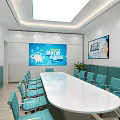 Modern Meeting Room Interior With Long Table Blue Chairs And Wall Displays