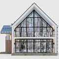 Modern Detached Villa With Wooden Siding Large Glass Windows Balcony And Gabled Roof