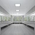 Elevator Hallway with Blue and White Walls Side Doors White Tiled Floor and Ceiling Lights