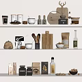 Organized Kitchen Shelves With Various Supplies Jars Utensils And Decorative Items