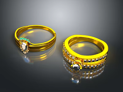 Stylish Gold Daily Essential Rings With Oval Green Gemstone Small Diamonds Black Stone Design 3d model