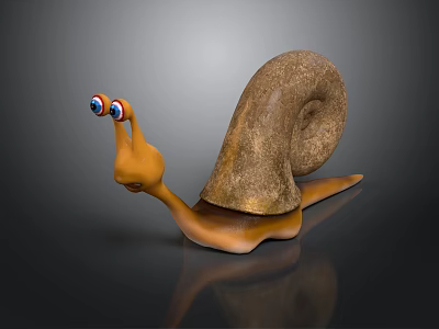 3D Cartoon Snail Model With Big Colorful Eyes Brown Spiral Shell And Orange Body 3d model