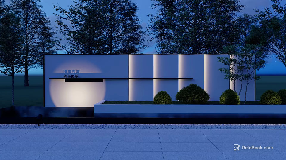 Modern Feature Wall With Illuminated Panels And Surrounding Greenery At Night 3d model 