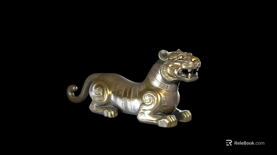 Silver Tiger Statue With Intricate Carvings And Ornate Decorative Design 3d model 